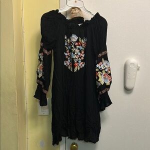 Black Off-Shoulder Dress with Floral Embroidery